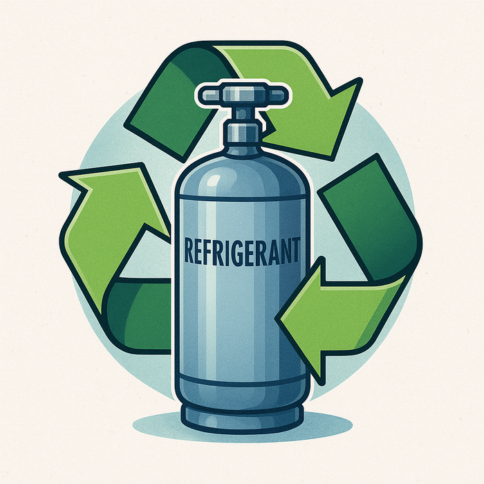 recycling symbol wrapped around a refrigerant cylinder, green and blue tones