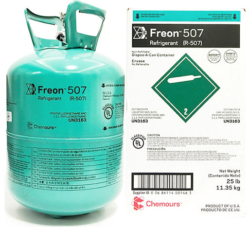 White refrigerant boxes on pallet with Class 2 gas warning labels, 30 lb non-refillable cylinders commonly used in refrigeration systems.