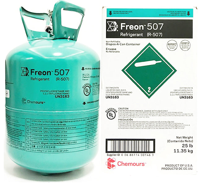 White refrigerant boxes on pallet with Class 2 gas warning labels, 30 lb non-refillable cylinders commonly used in refrigeration systems.