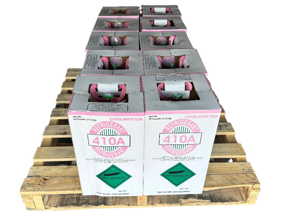 Pallet of Coolmaster 410A refrigerant boxes, each containing a pink cylinder of non-flammable gas, stacked in a 4x3 arrangement.