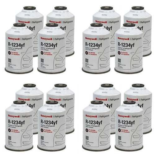 Sixteen 8oz cans of Honeywell R-1234yf refrigerant arranged in four cases, designed for automotive air conditioning systems.