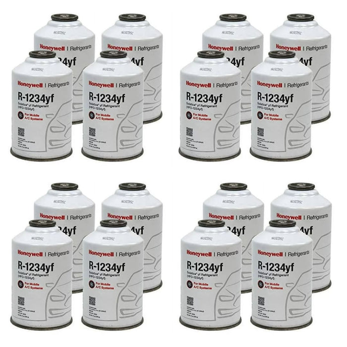 Sixteen 8oz cans of Honeywell R-1234yf refrigerant arranged in four cases, designed for automotive air conditioning systems.