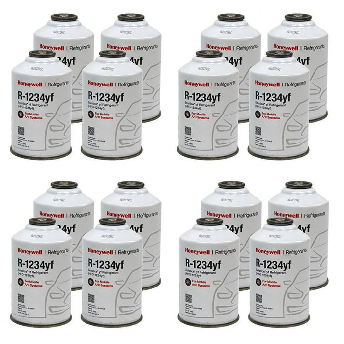 Sixteen 8oz cans of Honeywell R-1234yf refrigerant arranged in four cases, designed for automotive air conditioning systems.