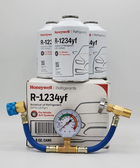 Three 8 oz cans of Honeywell R-1234yf refrigerant with mobile A/C labeling, displayed with a universal A/C recharge hose and pressure gauge on a product box.