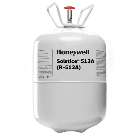 White Honeywell Solstice 513A (R-513A) refrigerant cylinder with red valve, designed as a nonflammable, low-GWP alternative to R-134a for air conditioning and refrigeration systems.