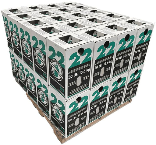 Full pallet with 40 factory-sealed 30 lb R-22 refrigerant cylinders, commonly used in HVAC and refrigeration systems.
