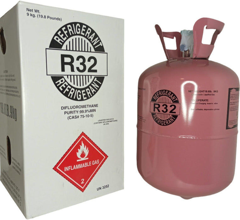 R-32 refrigerant tank and packaging box labeled as flammable gas, containing 9 kg of difluoromethane.