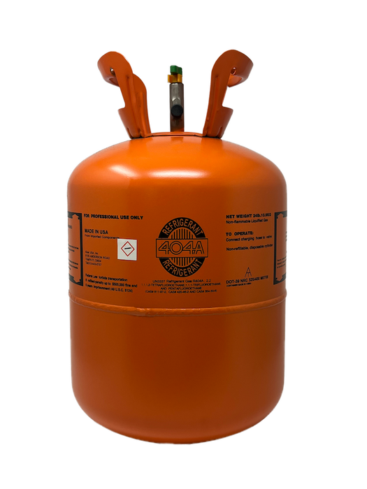 Orange 24 lb R-404A refrigerant tank labeled for professional use, suitable for low and medium temperature commercial refrigeration applications, non-toxic and non-flammable HFC blend, pallet mixing available, reclaimed variant ships to California only.