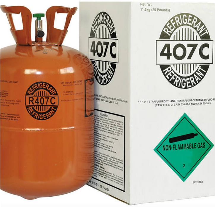 R-407C refrigerant cylinder used in HVAC systems, featuring standard HFC blend labeling for commercial cooling applications.