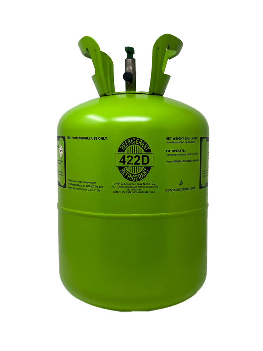 Green R-422D refrigerant cylinder designed for professional use, used as a non-ozone depleting HFC alternative to R-22 in medium and low-temperature refrigeration and air conditioning systems.