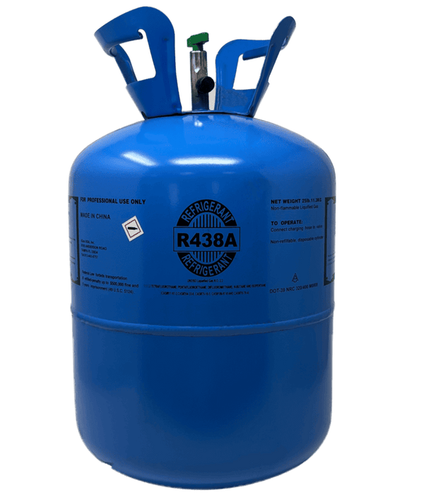 Refrigerant Type MO99 = Blue disposable cylinder of R-438A refrigerant, labeled for professional use, compatible with R-22 systems.