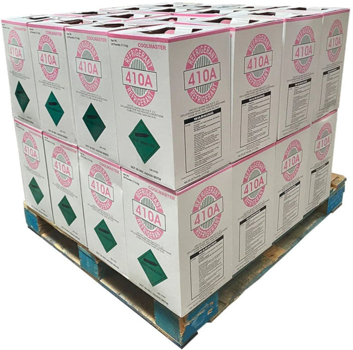 Full pallet of R-410A refrigerant boxes ready for shipping from Fort Worth, Texas