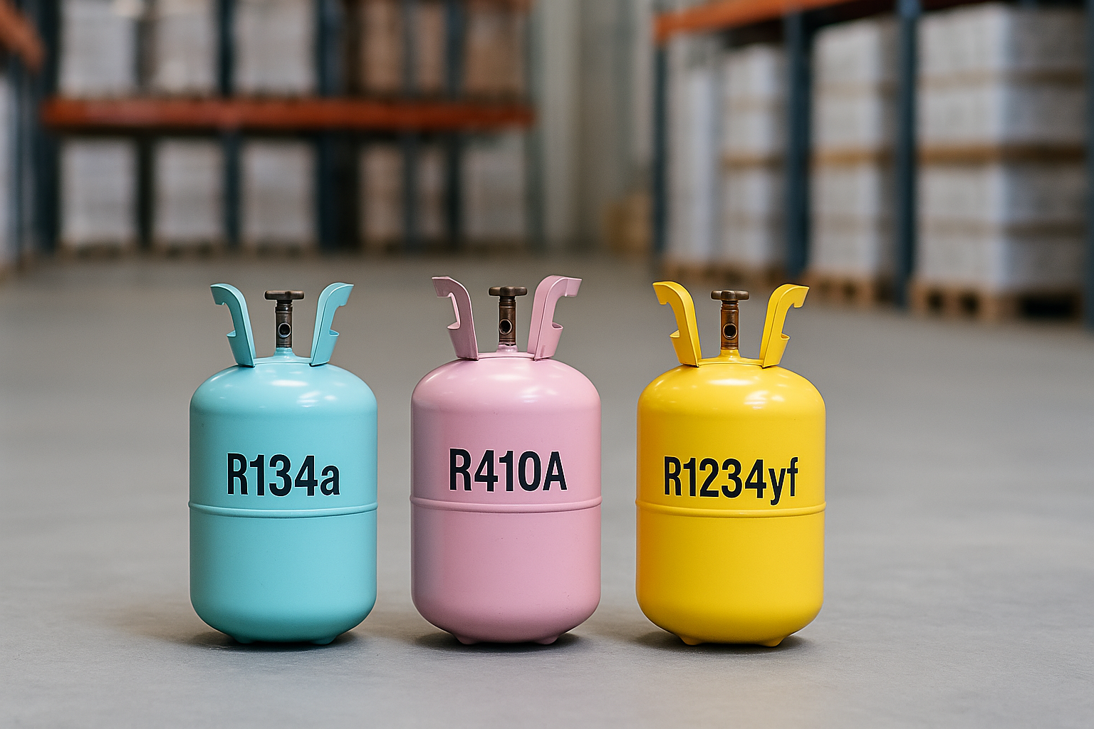High-resolution digital photograph showing three refrigerant cylinders — R134a, R410A, and R1234yf — neatly arranged on a concrete warehouse floor, with a blurred background of industrial pallets stacked with freon canisters.