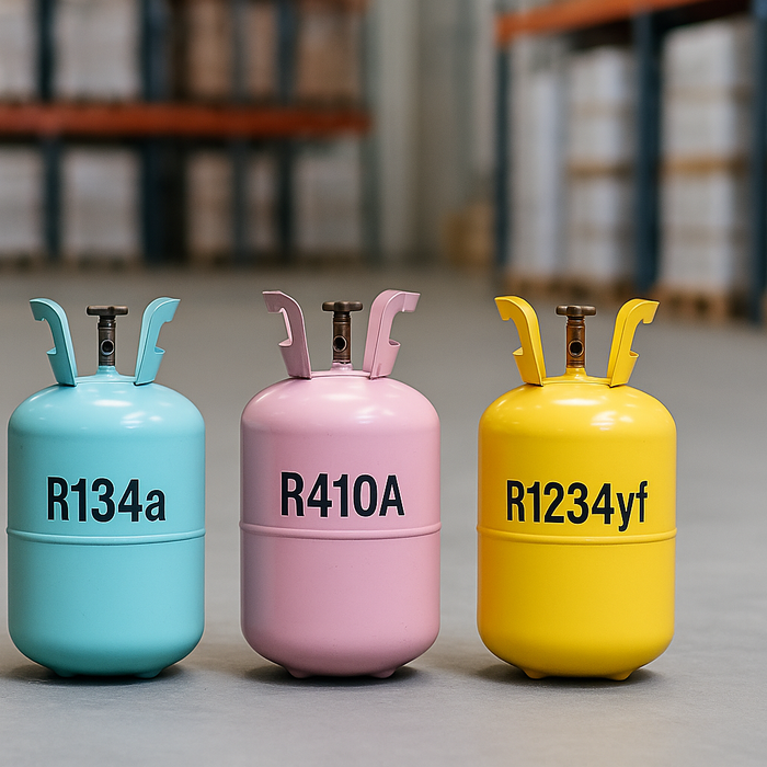 High-resolution digital photograph showing three refrigerant cylinders — R134a, R410A, and R1234yf — neatly arranged on a concrete warehouse floor, with a blurred background of industrial pallets stacked with freon canisters.