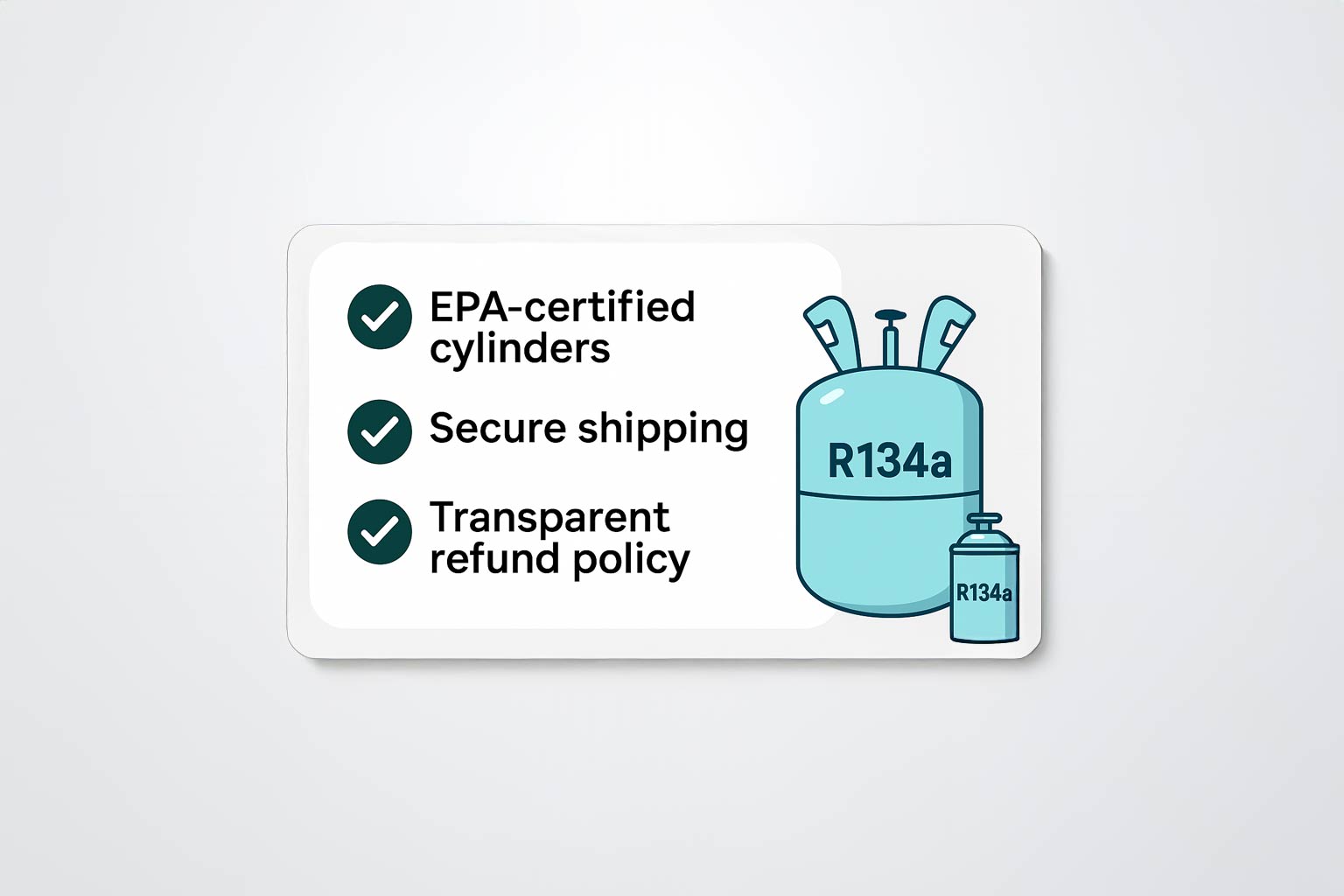 checklist with green check marks reading EPA-certified cylinders Secure shipping Transparent refund policy with a small R134a can
