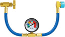 1234yf refrigerant gauge with blue hose and brass fittings, featuring a color-coded pressure dial displaying Low, Filled, Alert, and Warning zones for accurate AC system charging.