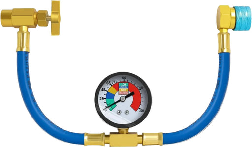1234yf refrigerant gauge with blue hose and brass fittings, featuring a color-coded pressure dial displaying Low, Filled, Alert, and Warning zones for accurate AC system charging.