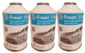 Three 12-ounce self-sealing cans of Chemours R134a refrigerant Freon, designed for mobile vehicle air conditioning (MVAC) systems.