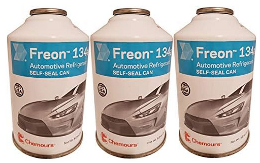 Three 12-ounce self-sealing cans of Chemours R134a refrigerant Freon, designed for mobile vehicle air conditioning (MVAC) systems.