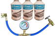 Three 12-ounce Chemours R134a refrigerant cans with self-sealing valves and included gauge.