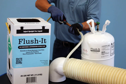 Person using Flush-It system with packaging and equipment on a blue background