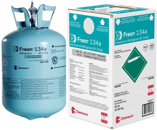 Chemours Freon 134a refrigerant 30 lb cylinder and packaging box with non-flammable gas labeling, EPA compliance, and automotive air conditioning use indication.