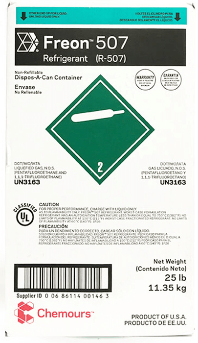 Official box of Freon 507 refrigerant with green gas cylinder label, marked as UN3163 non-flammable gas for commercial HVAC systems.