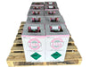Pallet of Coolmaster 410A refrigerant boxes, each containing a pink cylinder of non-flammable gas, stacked in a 4x3 arrangement.