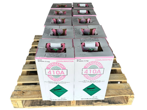 Pallet of Coolmaster 410A refrigerant boxes, each containing a pink cylinder of non-flammable gas, stacked in a 4x3 arrangement.