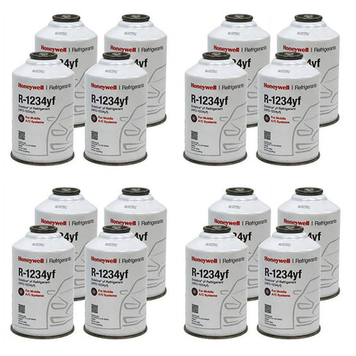 Sixteen 8oz cans of Honeywell R-1234yf refrigerant arranged in four cases, designed for automotive air conditioning systems.