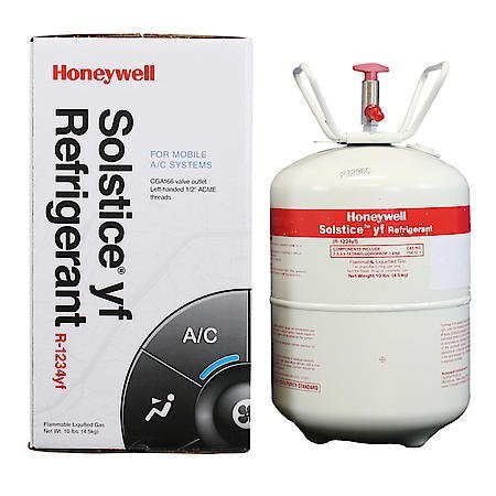10-pound cylinder of Honeywell R-1234YF refrigerant, labeled and sealed, made in the USA.