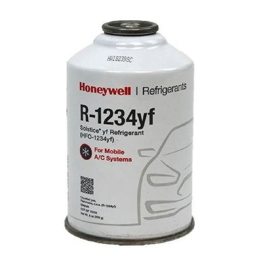 Front view of a Honeywell R-1234yf refrigerant can for automotive air conditioning systems with Solstice yf label and vehicle graphic.