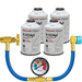 Four Honeywell R-1234yf refrigerant cans with a blue charging hose and pressure gauge for car A/C systems.