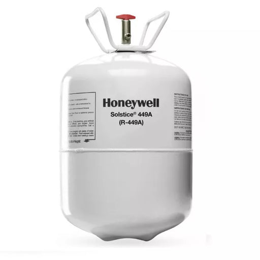 White Honeywell Solstice 449A (R-449A) refrigerant cylinder with red valve, used as a nonflammable, low-GWP alternative to R-404A and R-22 in refrigeration systems.