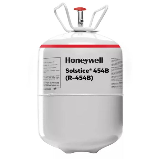 Honeywell Solstice 454B (R-454B) refrigerant cylinder with red top band and valve, designed as a lower-GWP alternative to R-410A in air conditioning and heat pump systems.