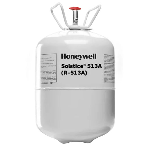 White Honeywell Solstice 513A (R-513A) refrigerant cylinder with red valve, designed as a nonflammable, low-GWP alternative to R-134a for air conditioning and refrigeration systems.