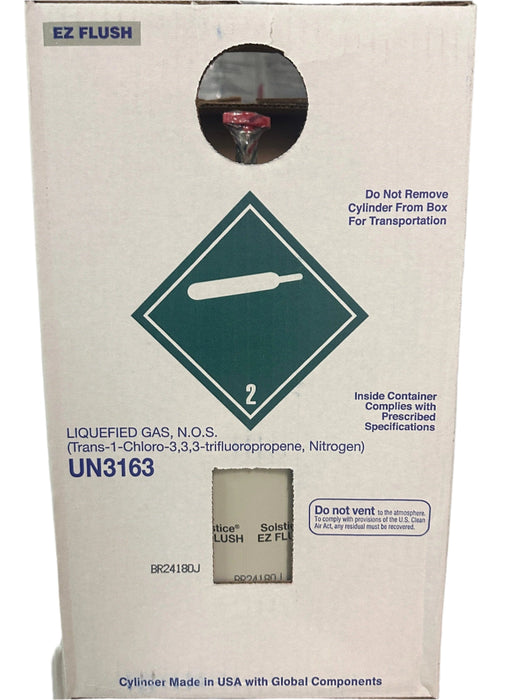 Rear view of Honeywell Solstice® EZ Flush box showing gas classification label UN3163 for liquefied gas, safety warnings, and compliance notes; includes handling instructions and a visible cylinder valve inside.