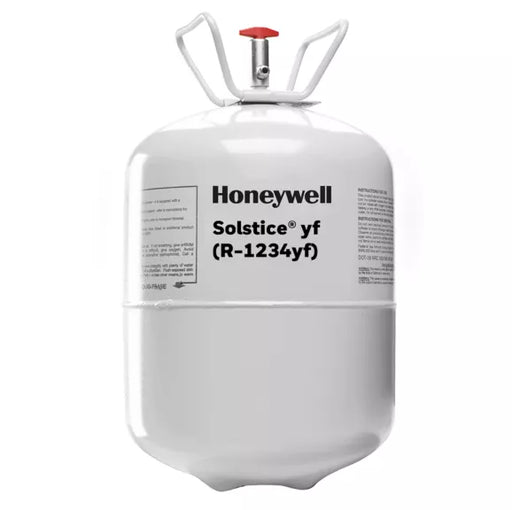White Honeywell Solstice® yf (R-1234yf) refrigerant cylinder used as a low-GWP replacement for R-134a in automotive air conditioning systems, helping meet EU environmental regulations.