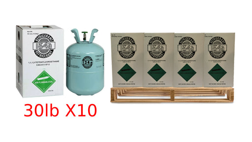 Pallet of 10 R-134a refrigerant 30 lb cylinders in original packaging, including boxed and unboxed view with non-flammable gas labeling.