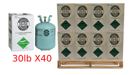 Full pallet of 40 R-134a refrigerant 30 lb cylinders in boxes with non-flammable gas labels, showing product packaging and a cylinder with included gauge adapter.