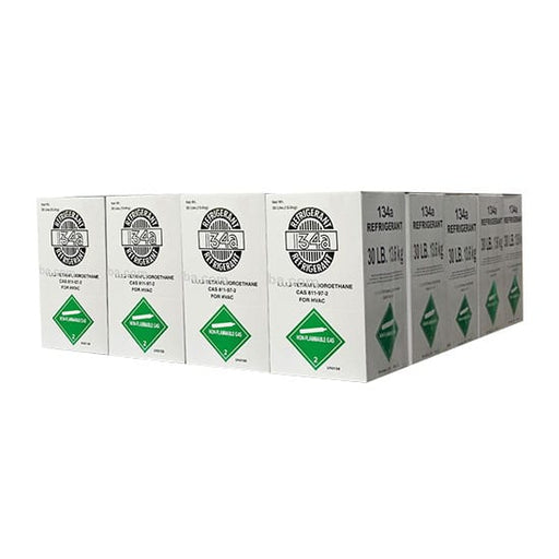 Side view of multiple 30 lb boxes of R-134a refrigerant stacked together, each labeled with non-flammable gas markings and EPA compliance details.
