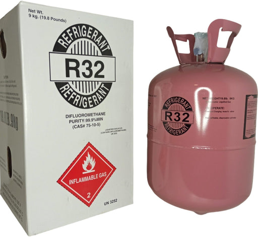 R-32 refrigerant tank and packaging box labeled as flammable gas, containing 9 kg of difluoromethane.
