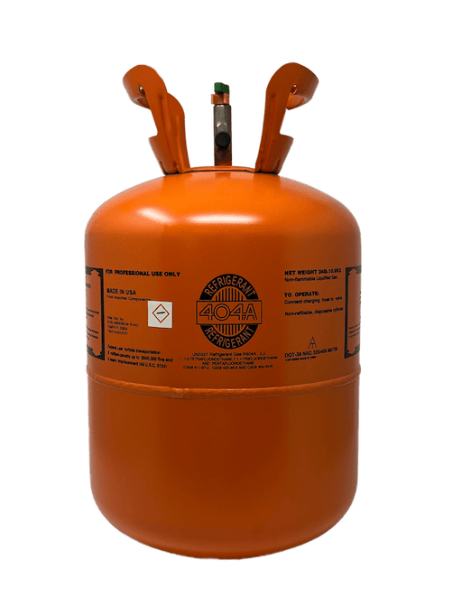 Orange 24 lb R-404A refrigerant tank labeled for professional use, suitable for low and medium temperature commercial refrigeration applications, non-toxic and non-flammable HFC blend, pallet mixing available, reclaimed variant ships to California only.