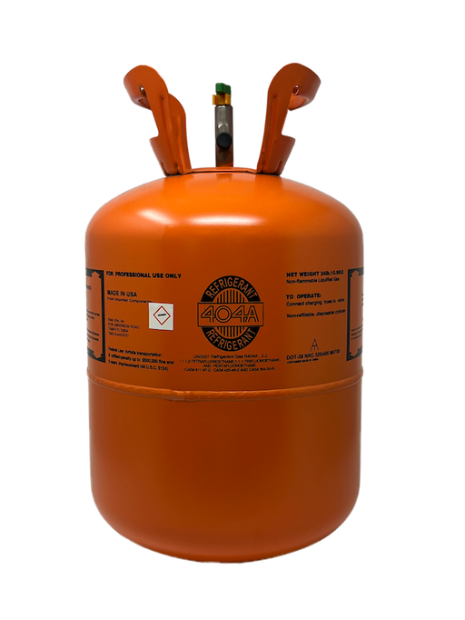 Orange 24 lb R-404A refrigerant tank labeled for professional use, suitable for low and medium temperature commercial refrigeration applications, non-toxic and non-flammable HFC blend, pallet mixing available, reclaimed variant ships to California only.