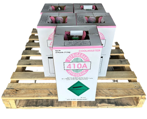 Five 25-pound cylinders of R-410A refrigerant in Coolmaster branded packaging, arranged on a wooden pallet for HVAC use.