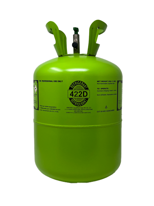 Green R-422D refrigerant cylinder designed for professional use, used as a non-ozone depleting HFC alternative to R-22 in medium and low-temperature refrigeration and air conditioning systems.