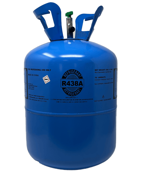 Refrigerant Type MO99 = Blue disposable cylinder of R-438A refrigerant, labeled for professional use, compatible with R-22 systems.