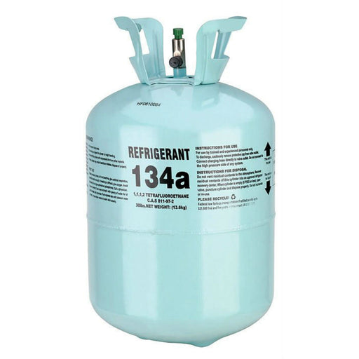134a refrigerant 30 lb cylinder and packaging box with non-flammable gas labeling, EPA compliance, and automotive air conditioning use indication.
