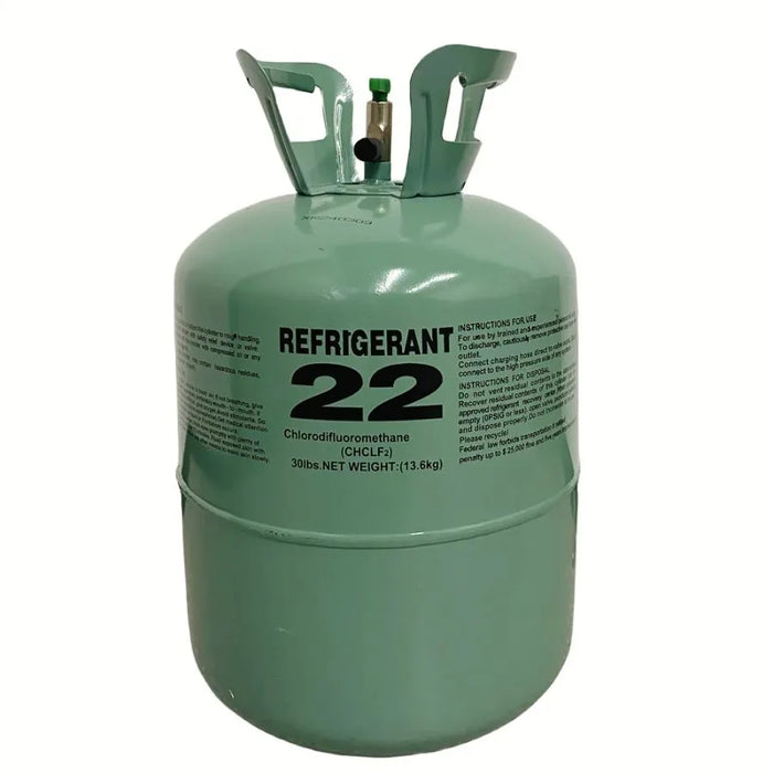 Green refrigerant canister labeled 'Refrigerant 22' on a white background