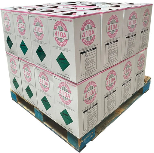 Full pallet of R-410A refrigerant boxes ready for shipping from Fort Worth, Texas